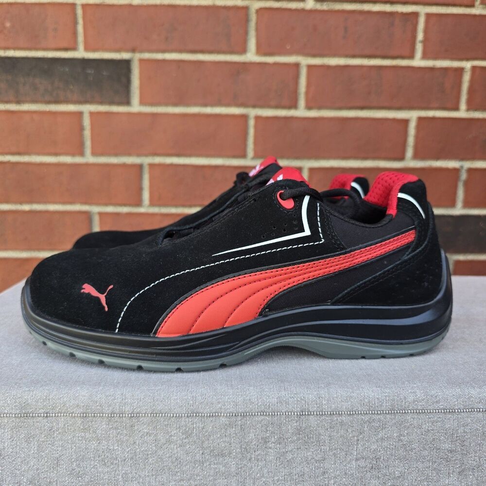PUMA Safety Touring Black Suede W/ Red, Low Top, ASTM EH Size 9.5 Slip Resistant